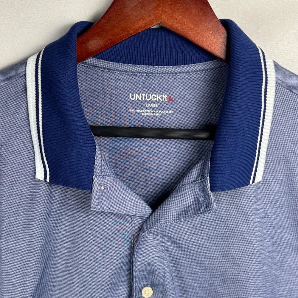 UNTUCKit Mens Day Polo Shirt Blue Heathered Pima Cotton Regular Fit 42037 L